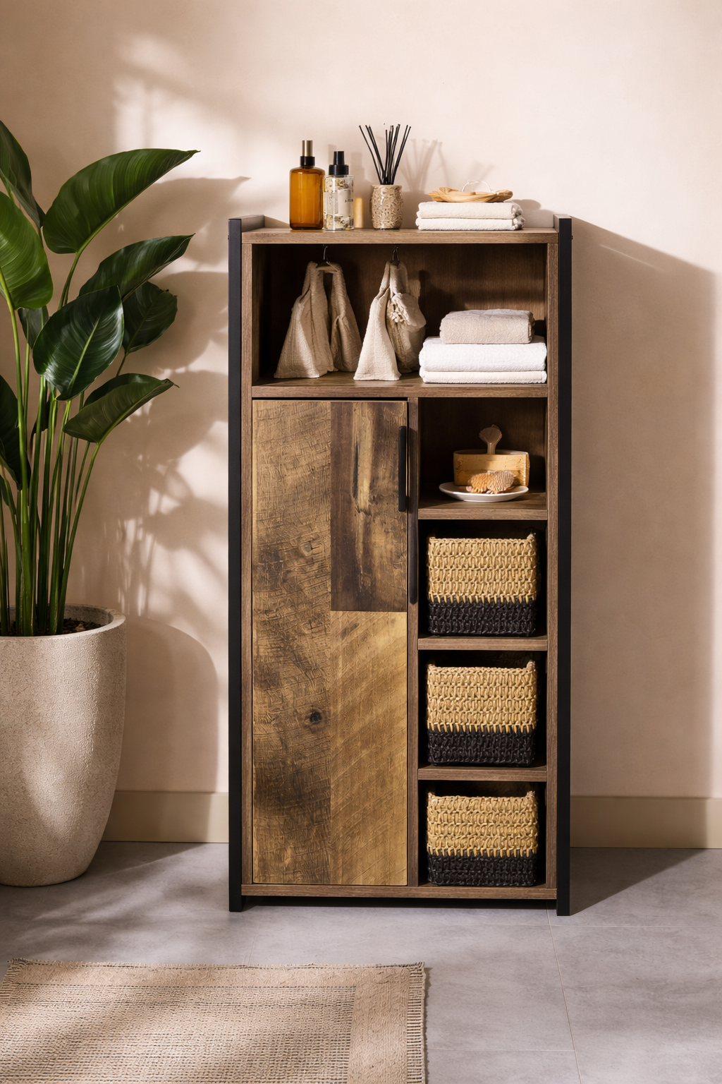 BROWN BRONX WOVEN BASKET CONSOLE STORAGE CABINET
