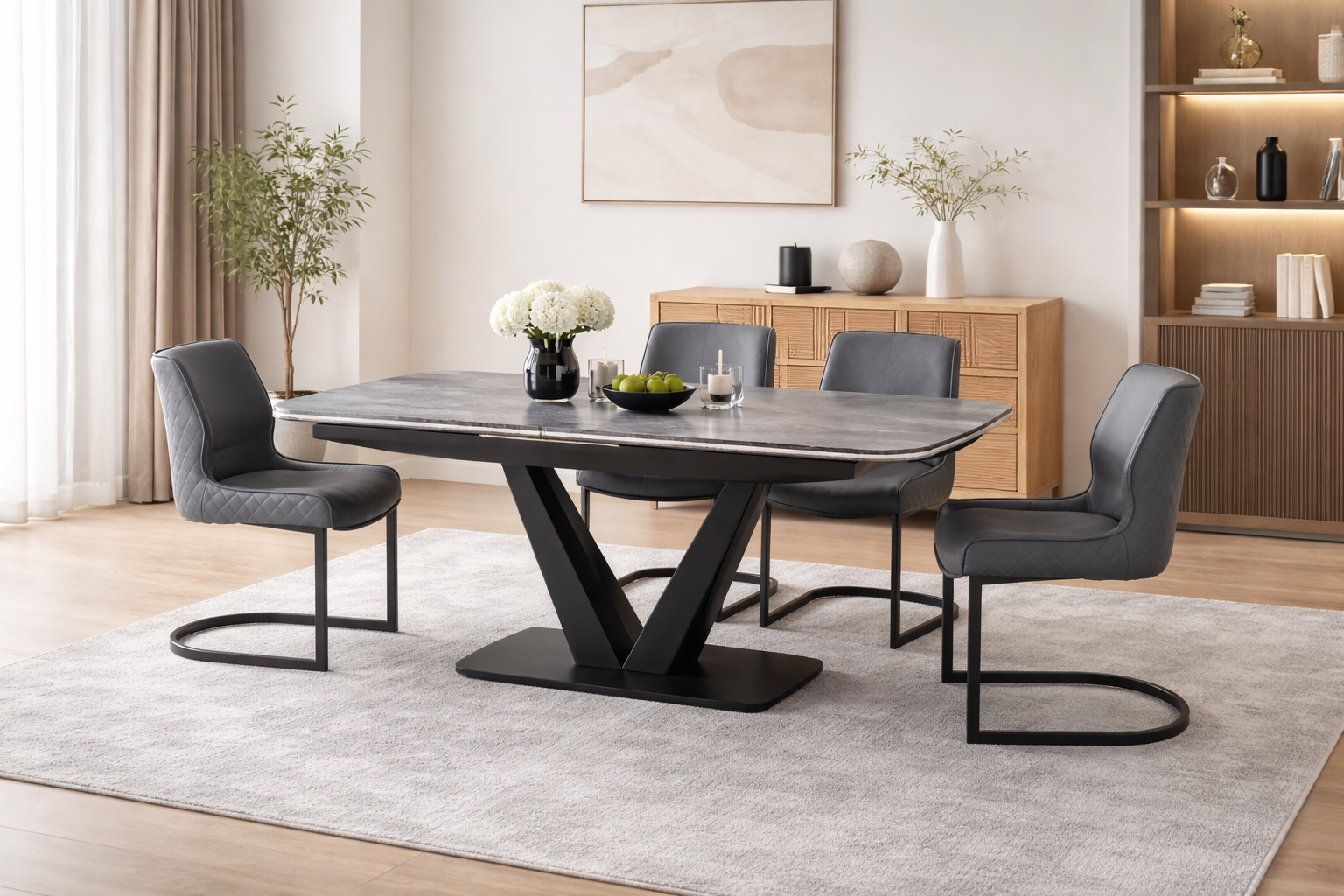 CUPRA POP UP EXTENDING DINING TABLE AND 4 DINING CHAIRS