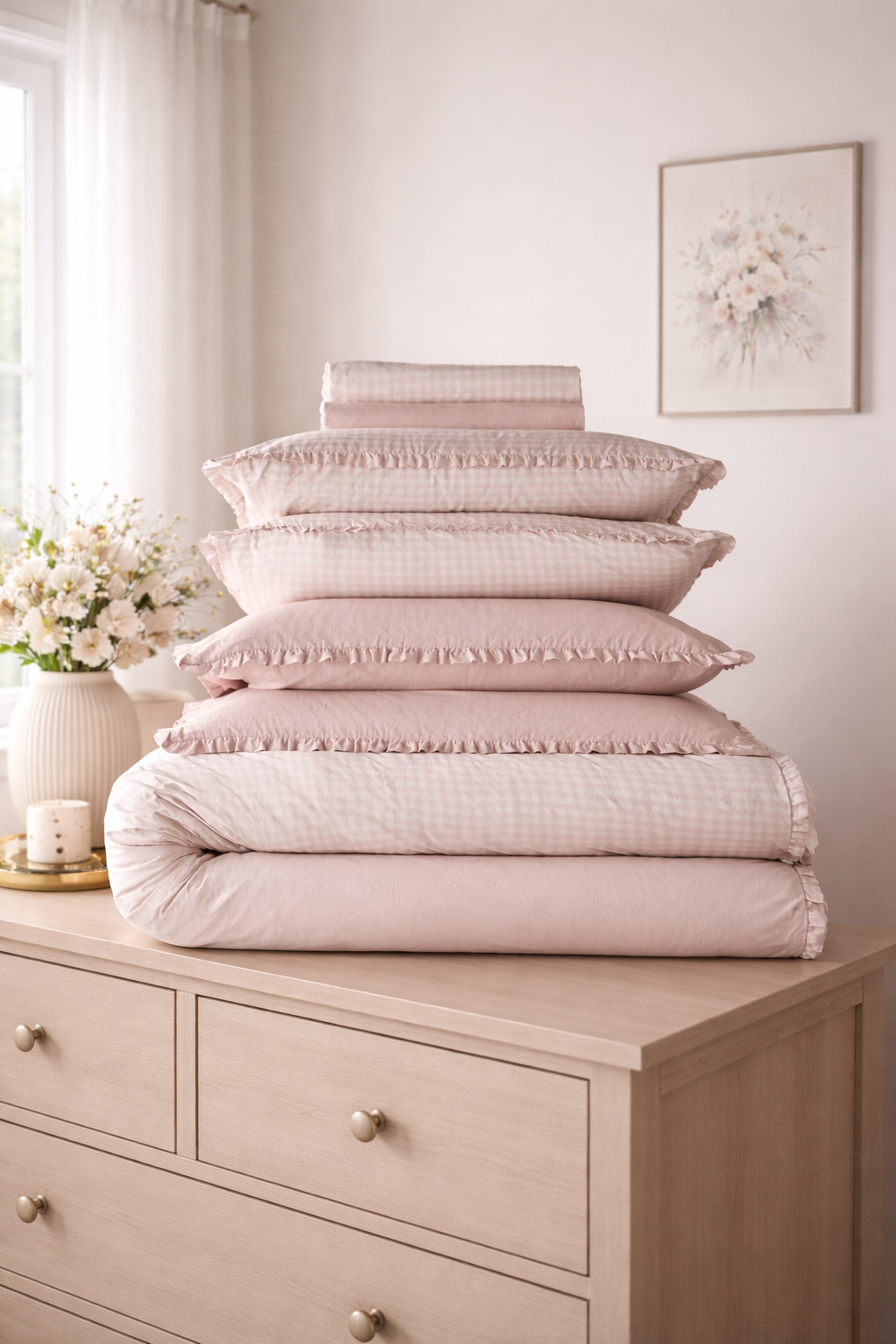 THE SET 8 PIECE PINK/GINGHAM FRILL DUVET COVER AND PILLOWCASE SET